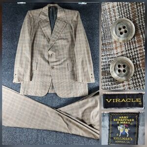 VTG 70s Hart Schaffner & Marx Mens Brown Plaid 2 Piece Suit 43R Trousers 37x30